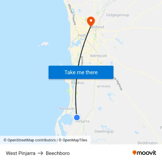 West Pinjarra to Beechboro map