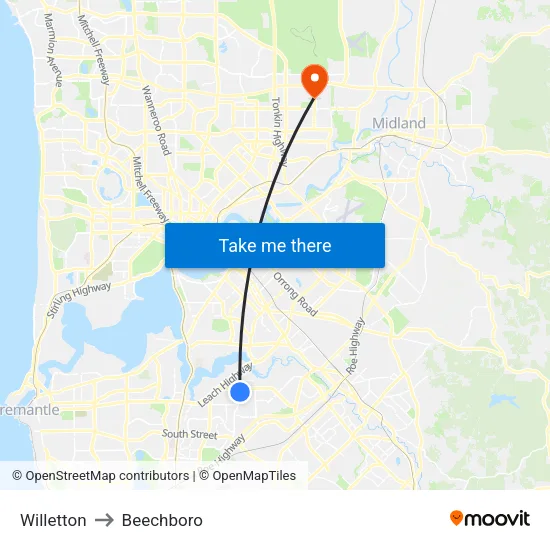 Willetton to Beechboro map