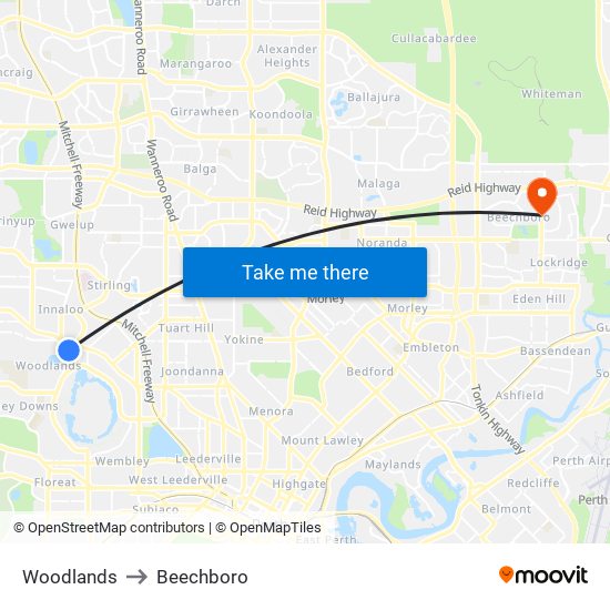 Woodlands to Beechboro map