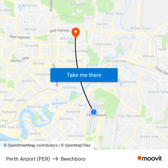 Perth Airport (PER) to Beechboro map