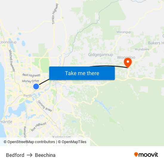 Bedford to Beechina map