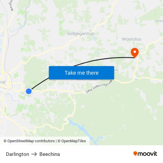 Darlington to Beechina map