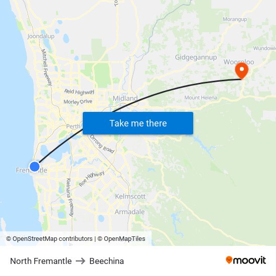 North Fremantle to Beechina map