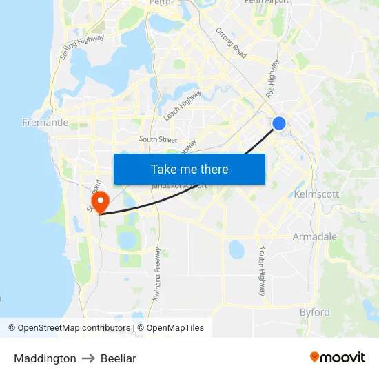 Maddington to Beeliar map