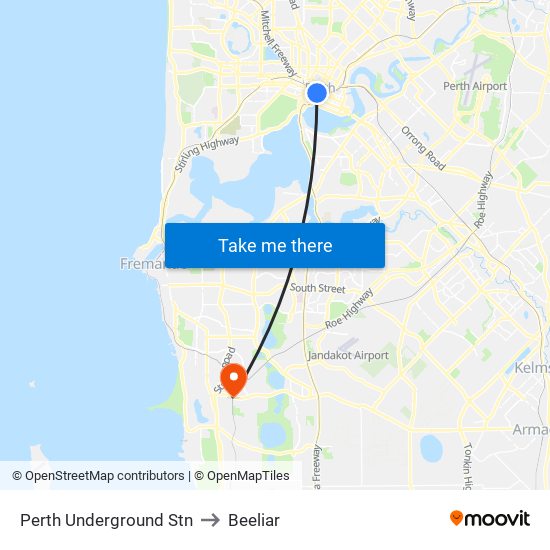 Perth Underground Stn to Beeliar map