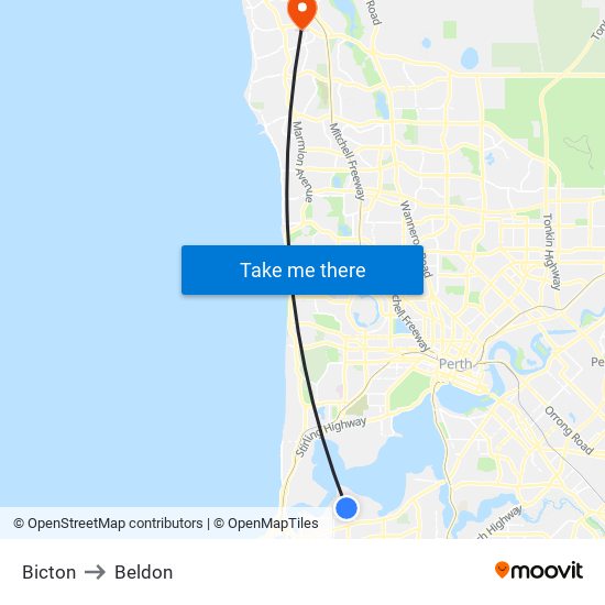 Bicton to Beldon map