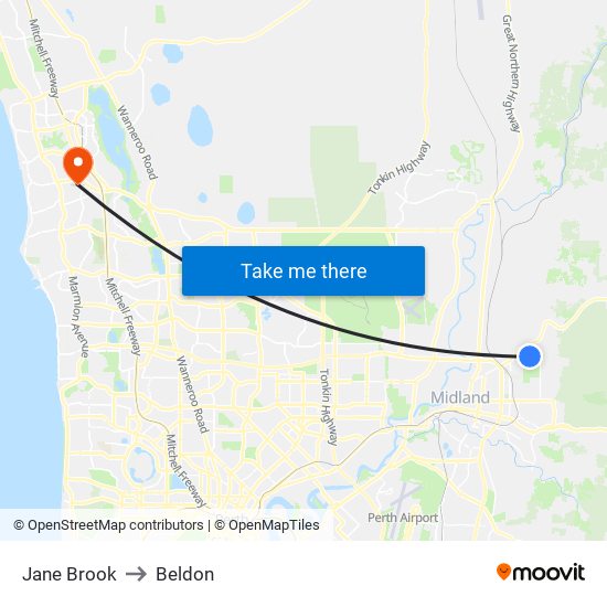 Jane Brook to Beldon map