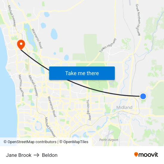 Jane Brook to Beldon map