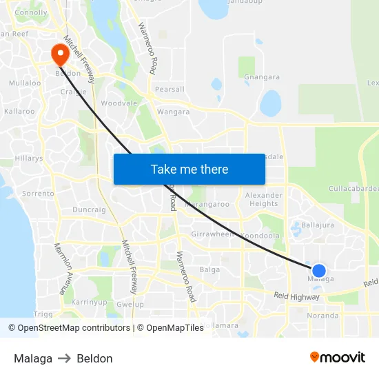 Malaga to Beldon map