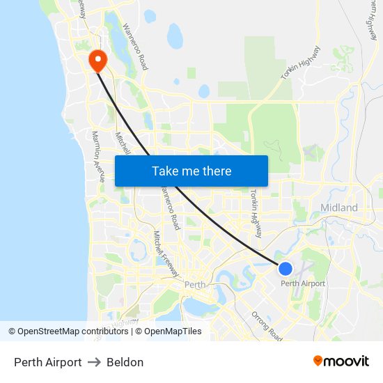Perth Airport to Beldon map