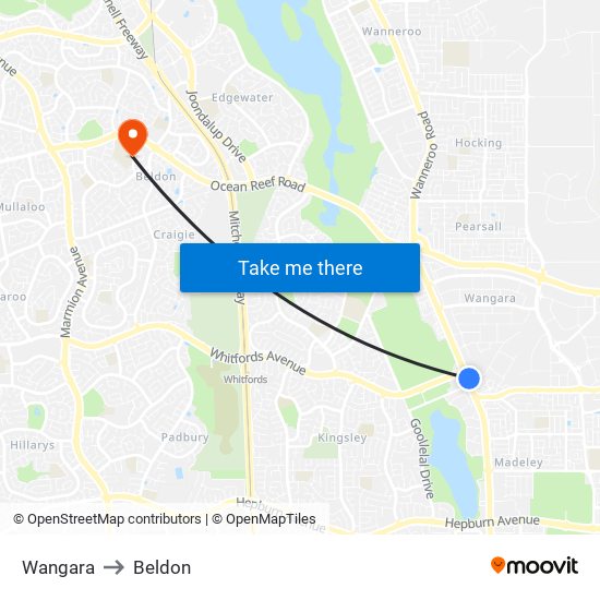 Wangara to Beldon map