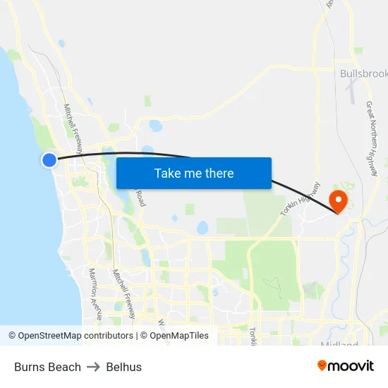 Burns Beach to Belhus map