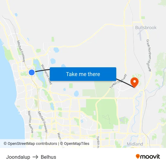 Joondalup to Belhus map