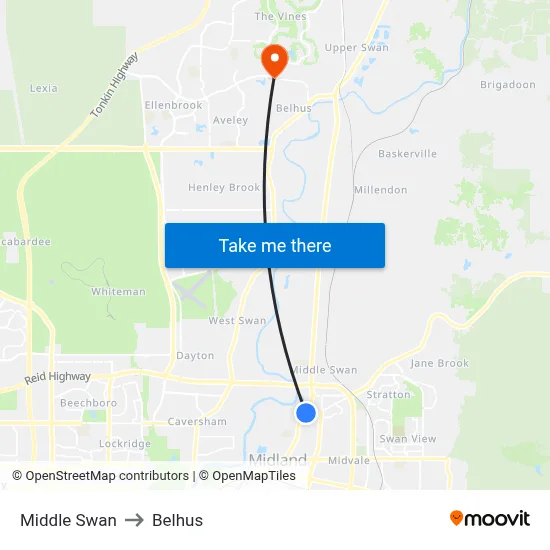 Middle Swan to Belhus map