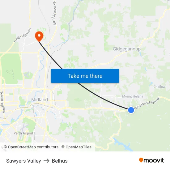 Sawyers Valley to Belhus map