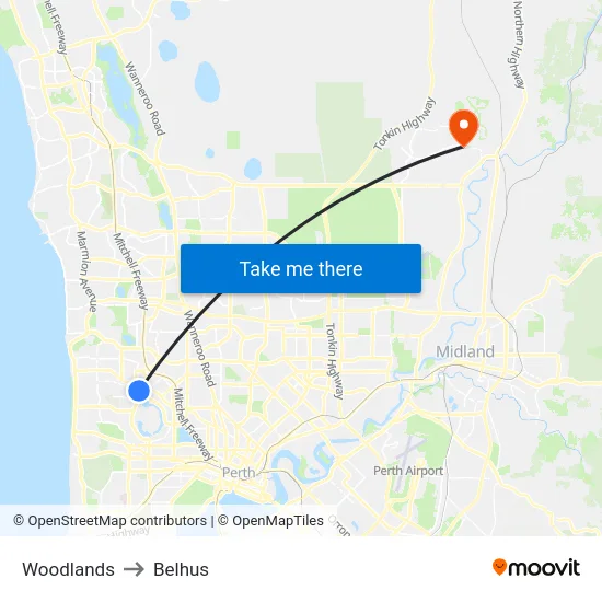 Woodlands to Belhus map