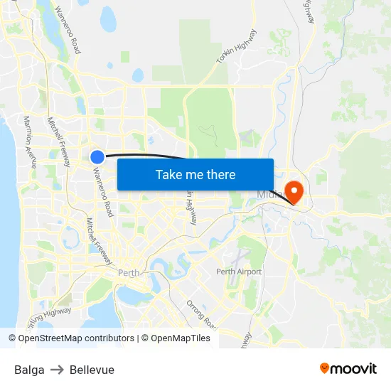 Balga to Bellevue map