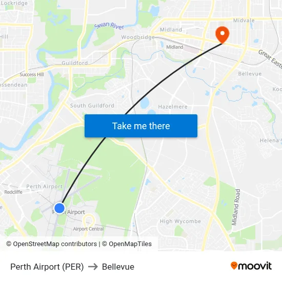 Perth Airport (PER) to Bellevue map