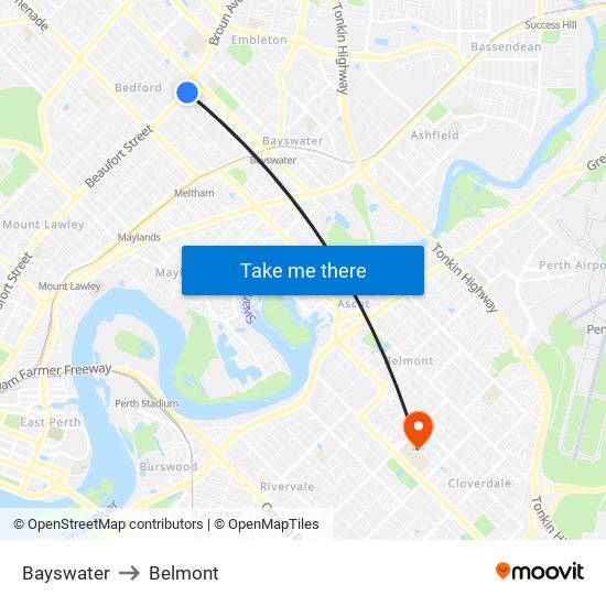 Bayswater to Belmont map