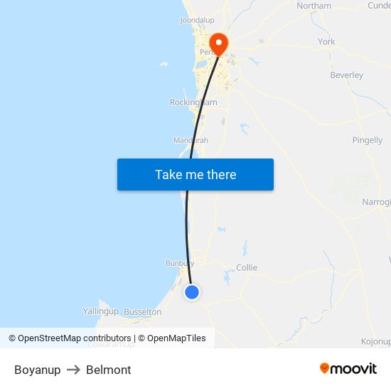 Boyanup to Belmont map
