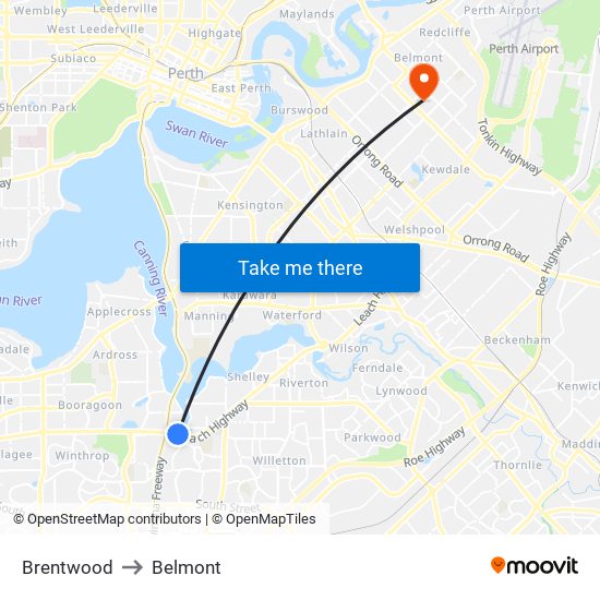 Brentwood to Belmont map