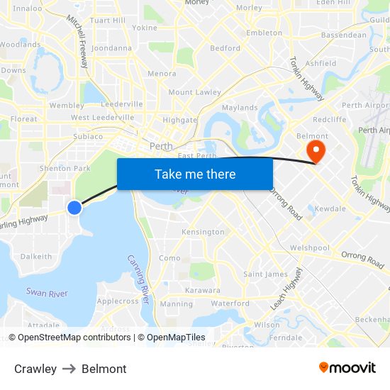 Crawley to Belmont map