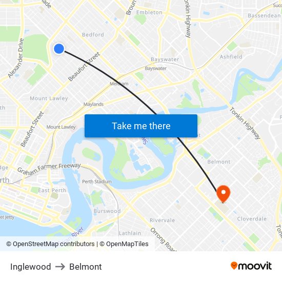 Inglewood to Belmont map