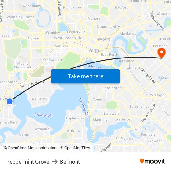 Peppermint Grove to Belmont map