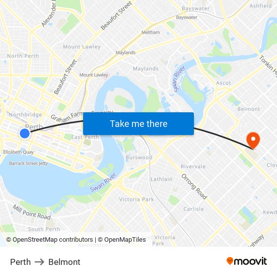 Perth to Belmont map