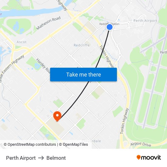 Perth Airport to Belmont map