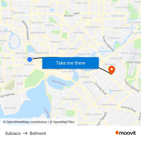 Subiaco to Belmont map