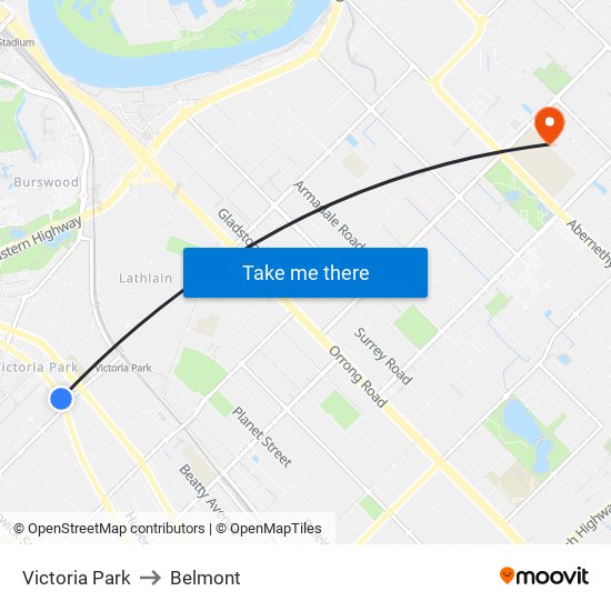 Victoria Park to Belmont map