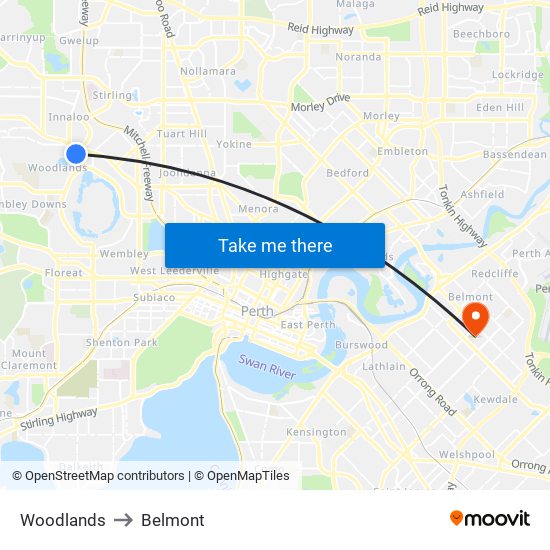 Woodlands to Belmont map
