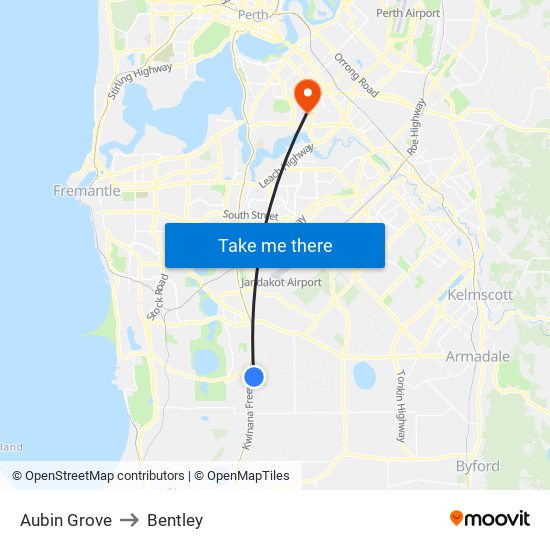 Aubin Grove to Bentley map