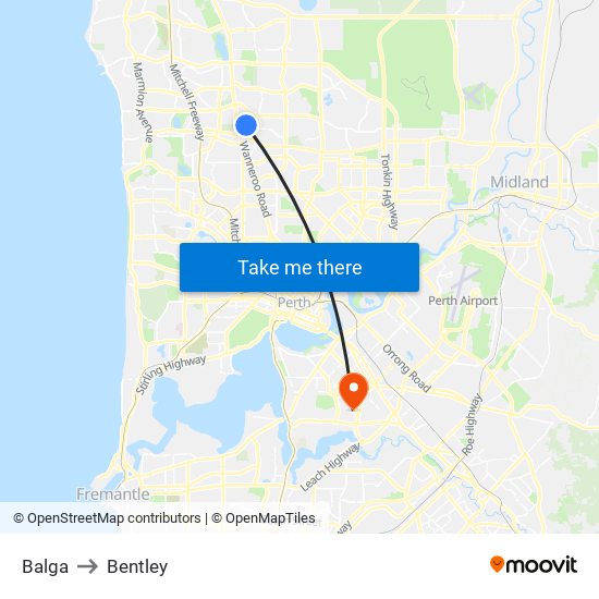 Balga to Bentley map