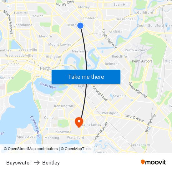 Bayswater to Bentley map