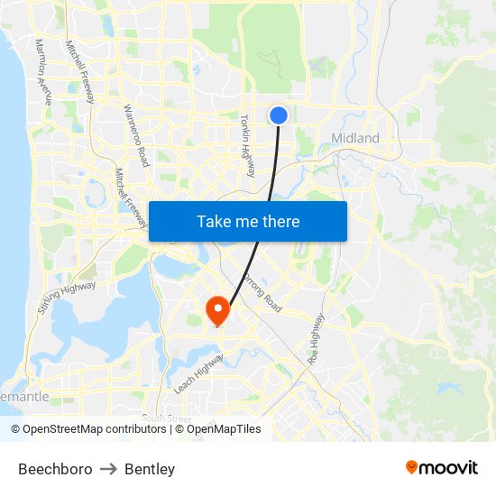 Beechboro to Bentley map