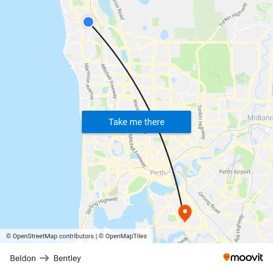 Beldon to Bentley map