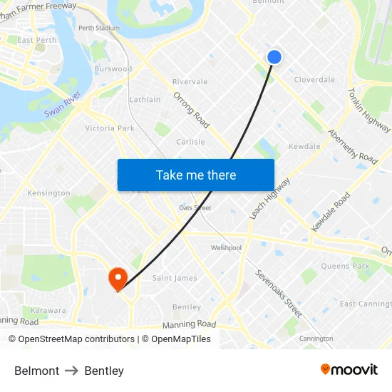 Belmont to Bentley map