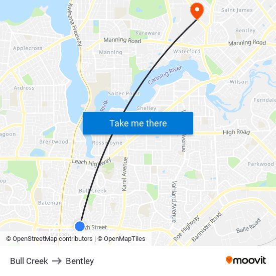 Bull Creek to Bentley map