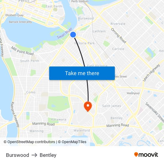 Burswood to Bentley map