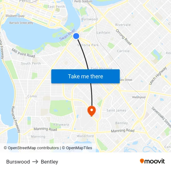 Burswood to Bentley map