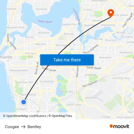 Coogee to Bentley map