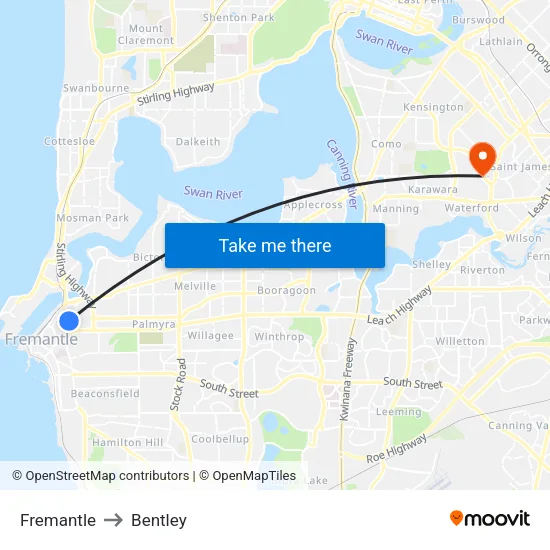 Fremantle to Bentley map