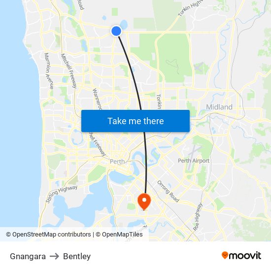 Gnangara to Bentley map