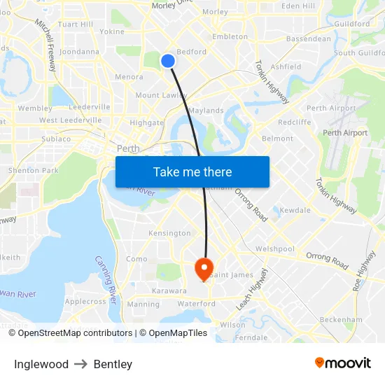 Inglewood to Bentley map