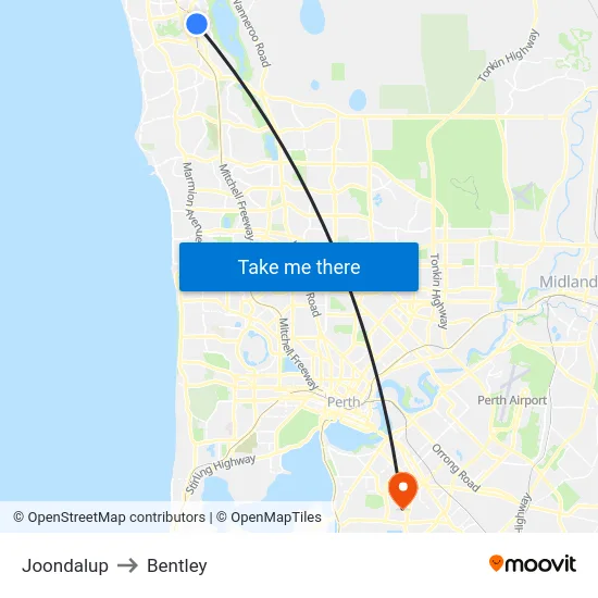 Joondalup to Bentley map