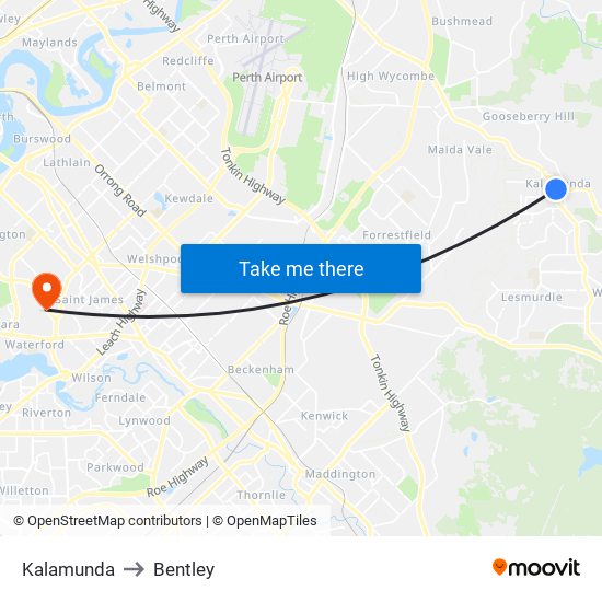 Kalamunda to Bentley map