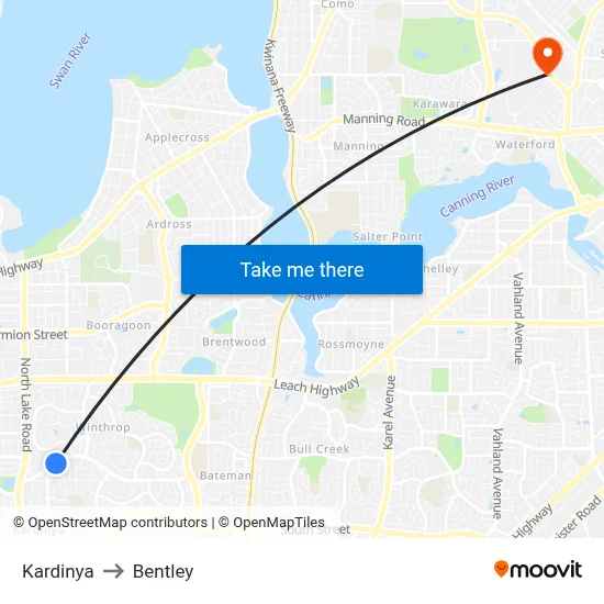Kardinya to Bentley map