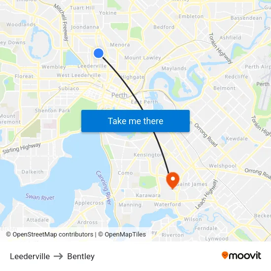 Leederville to Bentley map